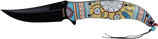 Folding Pocket Knife, 5 inch Stainless Steel Blade Pocket Knife With Buffalo Skeleton with Dreamcatchers on Horn Imprinted|American Heritage Collection| With Pocketclip For Camping, Fishing, Hiking, Gifts For Father, Husband
