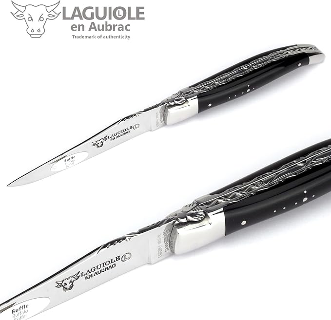 handmade knife 12 cm - double platines - buffalo horn handle - blade and bolsters stainless steel shiny