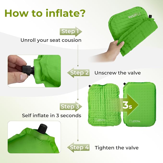 ATEPA Inflatable Seat Cushion Lightweight Self-Inflatable Memory Foam Seat Cushion for Stadium Airplane Trevel, Waterproof Portable Seat Cushion for Backpacking Camping Chair Pad, Llight Green