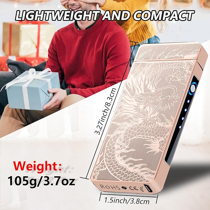 Rechargeable Lighter USB Electric Lighter Plasma Arc Candle Lighter Dragon Torch Lighter High Power Flame Windproof Lighter with LED Power Display for Camping, Hiking, Traveling (GoldDragon)