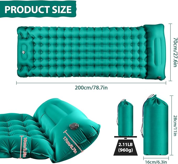 Sleeping Pad for Camping Extra Thick,79"×28" Inflatable Camping Pad Oversized,Waterproof Camping Mat Compact Built-in Foot Pump Pillow,Backpacking Sleeping Pad for Hiking,Tent,Traveling,Peacock Blue