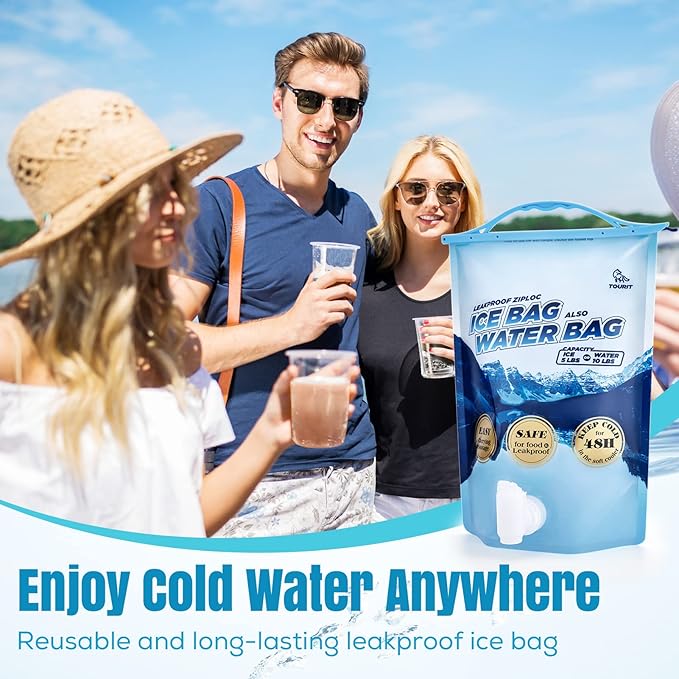 TOURIT Reusable Ice Bag 5lb Ice Pack for Cooler, Bag of Ice Collapsible Water Container with Spigot for Camping, Hiking, Drinking