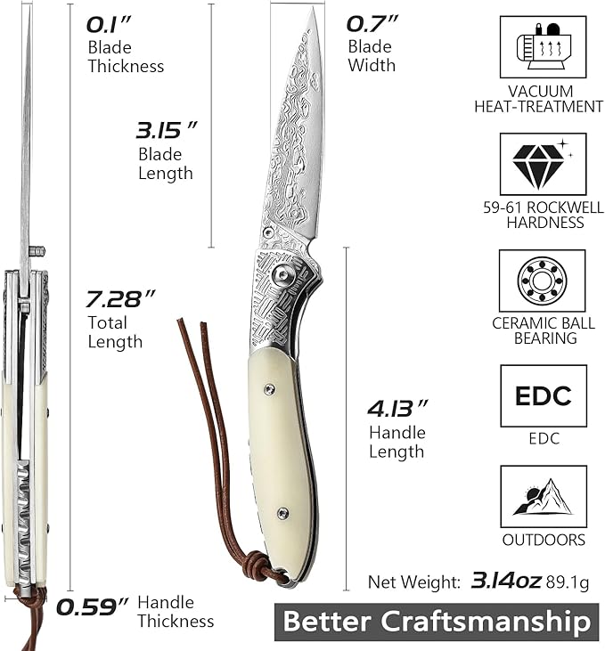 EDC Folding Pocket Knife with Leather Sheath,Handmade Damascus Steel Blade,Bone Handle Thumb Stud Knives for Men Hunting, Piscis Austrinus-02W