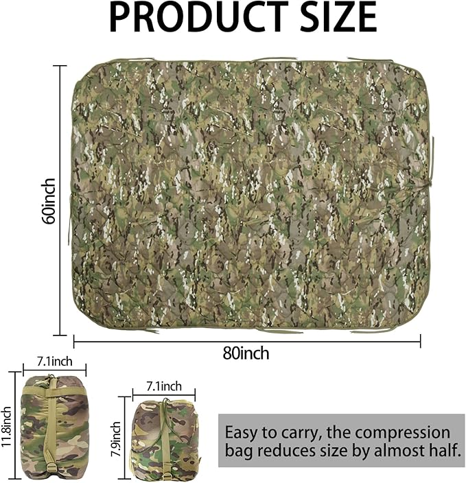 Military Poncho Liner with Zipper Camping Blanket Army Multicam Woobie Sleeping Bag Insulated Waterproof for Travel Outdoor Survival Hunting