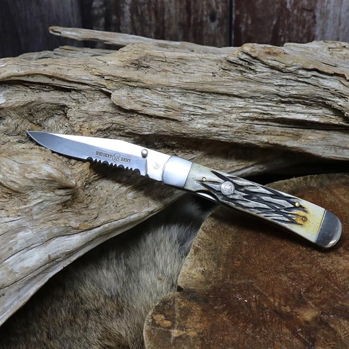 WHISKEY BENT HAT CO. Locking Trapper Folding Pocket Knife 4.125" Closed Length 440C Stainless Steel Blades (Carved Burnt Bone - Serrated)