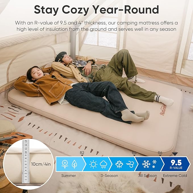 Naturehike Camping Mattress with Portable Air Pump, 4" Thick Self Inflating Sleeping Pad, Roll Up Bed, R-Value 9.5 for 4-Season Insulation, Comfort in Tent, Car, Truck, Van (Twin)