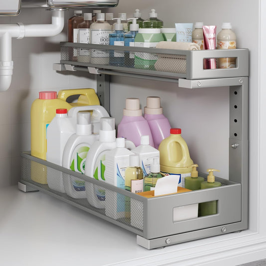 1 Pack 19IN Depth Under Sink Storage Organizer, Large 2-Tier Elegant Mesh Pull Out Shelf for Kitchen and Bathroom Cabinet Organization, L-Shaped and Adjustable Height Design-Gun Gray