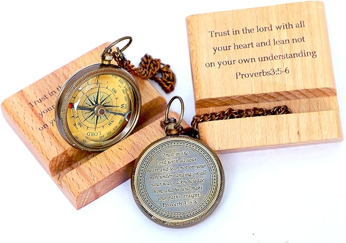 Trust in The Lord with All Your Heart - Proverbs 3: 5-6 Quote Engraved Compass with Wooden Stand, Christian Gift for Men for Women God's Compass Baptism Gifts | Graduation Gifts 2025 | Desk Decor