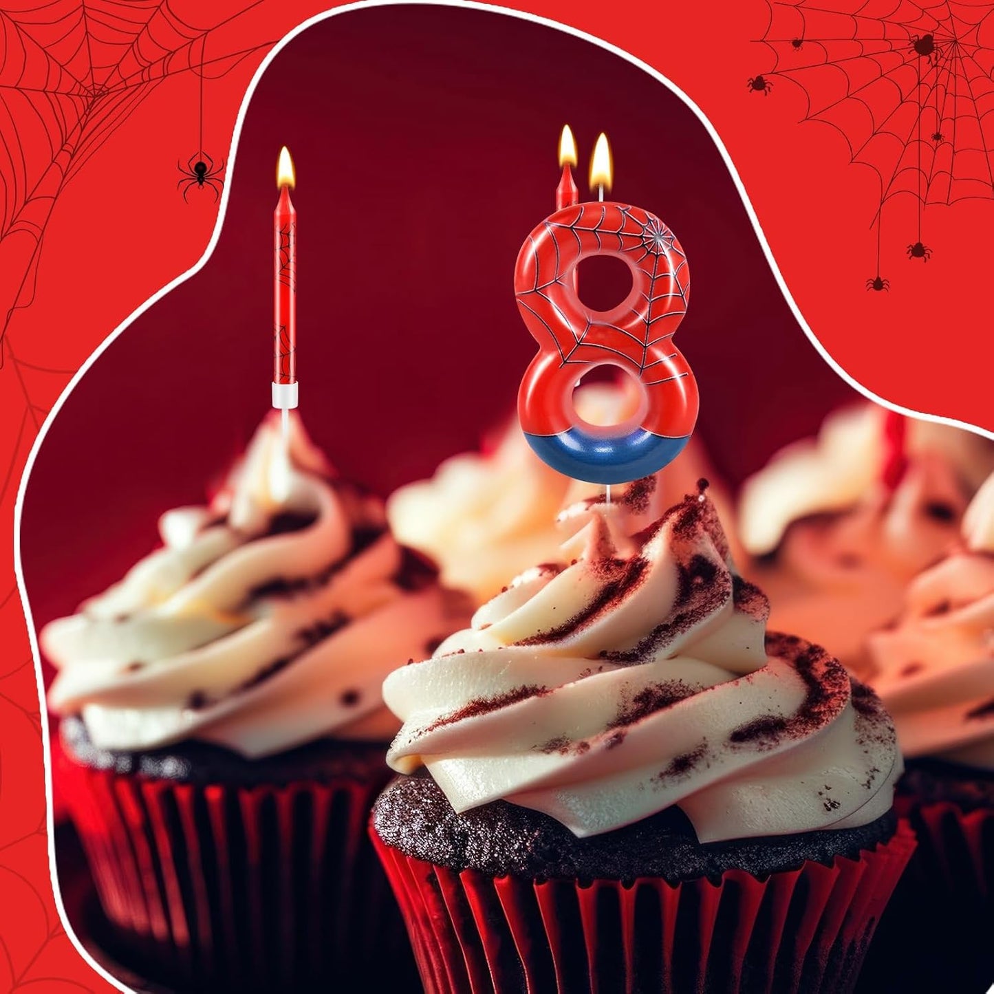 13 Pcs Spider Themed Birthday Candle Set Red Spider Theme Number 8 Candle Cake Topper for Boys Girls Birthday Decoration Spider Party Decoration Supplies (Number 8)