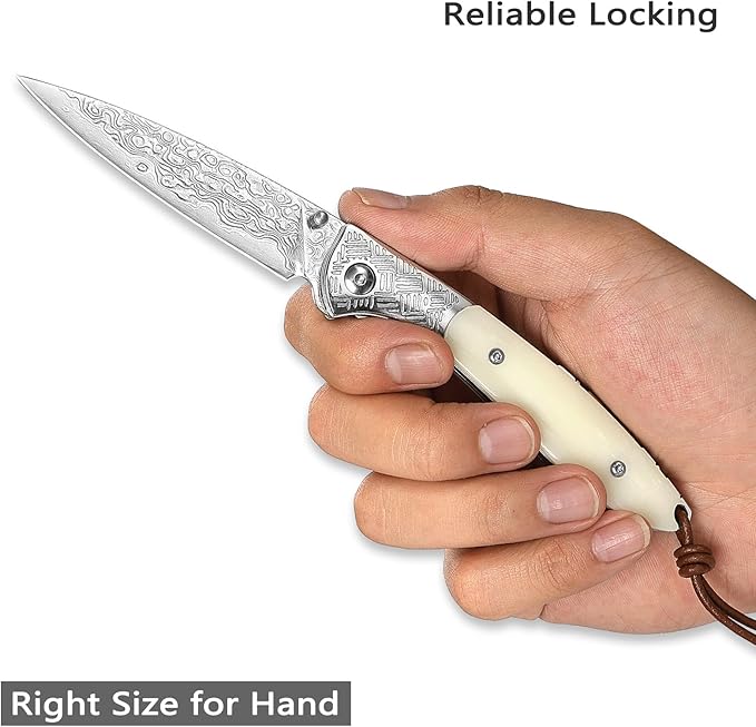 EDC Folding Pocket Knife,Handmade Damascus Steel Blade,Bone Handle Thumb Stud Knives for Men Hunting, Piscis Austrinus-02W