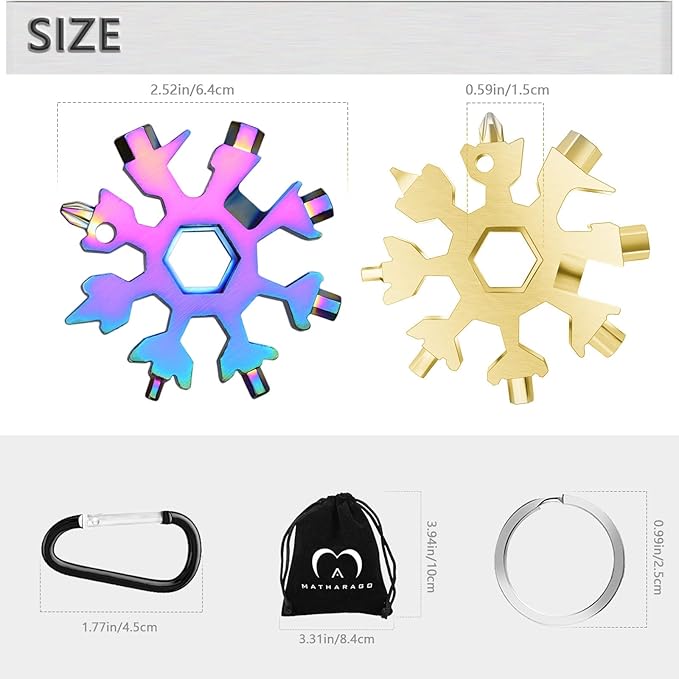Snowflake Multitool, 2pcs Snowflake Tool Stainless Steel 18 in 1 Snowflake Multitool with Carabiner Clip, Keyring and Storage Bag for Christmas Gift Men's Present（color and gold）