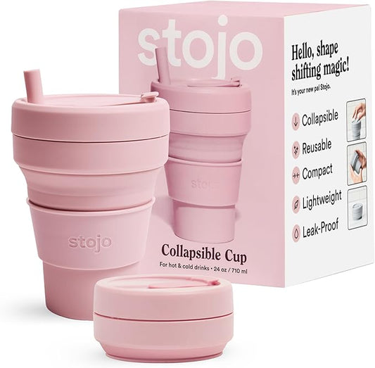 STOJO Titan Collapsible Travel Cup With Straw - Carnation Pink, 24oz / 710ml - Reusable To-Go Pocket Size Silicone Cup for Hot & Cold Drinks - Camping and Hiking - Microwave & Dishwasher Safe