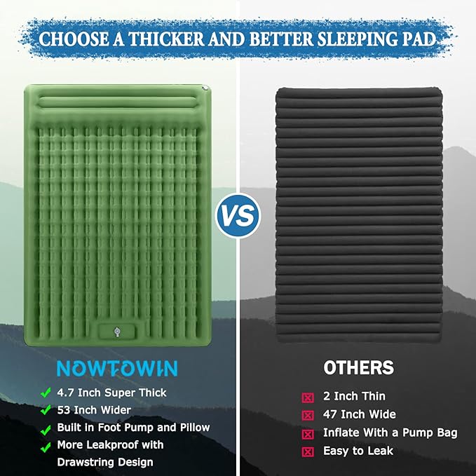 Double Sleeping Pad, 4.7 Inch Extra Thick Comfort Sleeping Mat for Backpacking Hiking Outdoor, Queen Camping Air Mattress with Built in Foot Pump, Compact Inflatable Camping Mat with Pillow
