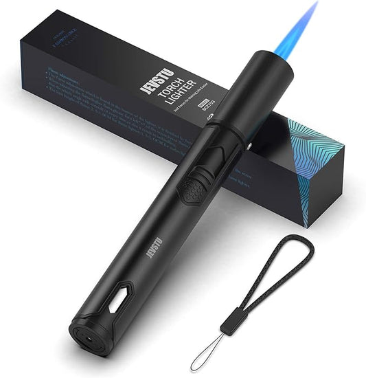 Torch Lighter, Butane Lighter with Fuel Level Window for Candle, Adjustable Fire Jet Torch Windproof Lighter Long for Grill Cooking Survival, Mini Men Gifts, Black (Lighter Fluid not Included)