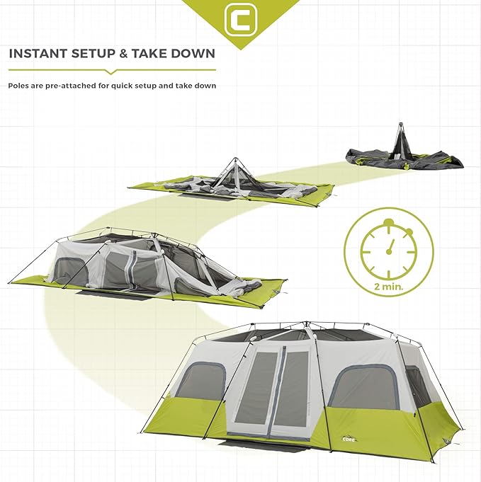 CORE Instant Cabin Tents | 6 Person / 9 Person / 10 Person / 12 Person Family Cabin Multi Room Pop Up Tents Car Camping | Included Storage Pockets for Camping Accessories