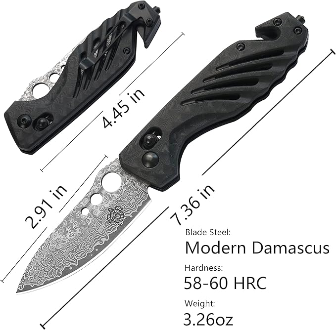 Gifts for Dad Men,Axis Lock Camping Pocket Knife with Damascus Steel Blade,Glass Breaker,Seatbelt Cutter