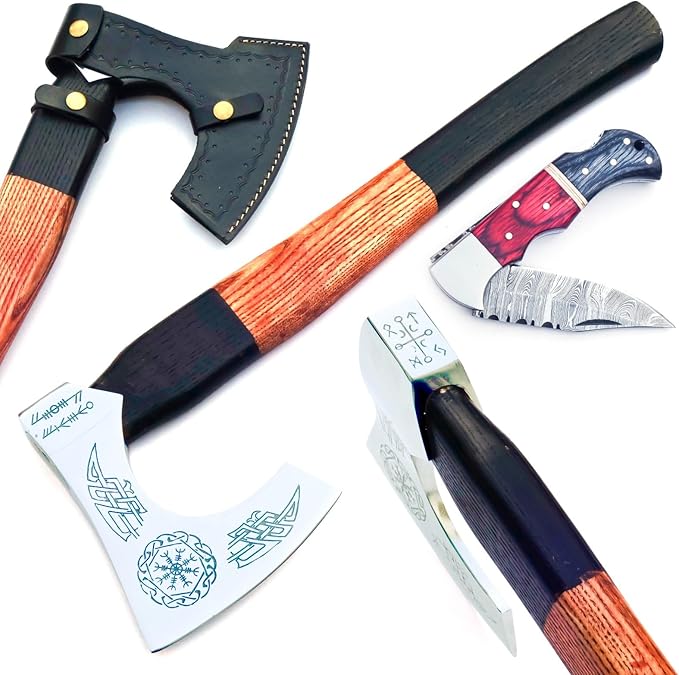 Hand Forged Vikings Axe & Damascus Steel Folding Knife Set- 21"" Carbon Steel Nordic Hatchet + EDC Knife with Sheath- Ideal for Camping, Gift for Men, Red-Black