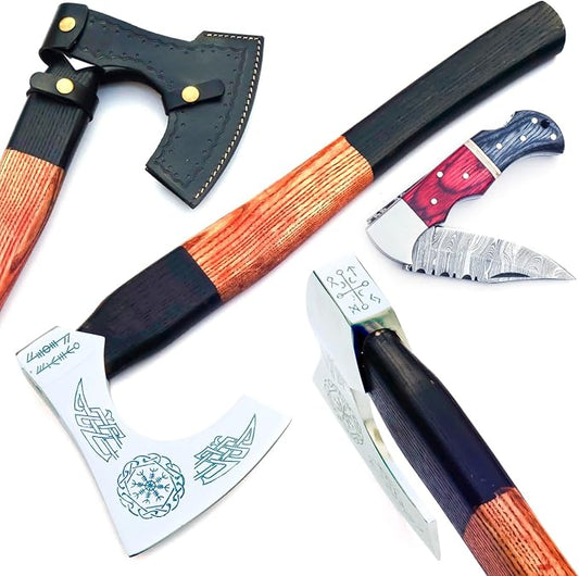 Hand Forged Vikings Axe & Damascus Steel Folding Knife Set- 21"" Carbon Steel Nordic Hatchet + EDC Knife with Sheath- Ideal for Camping, Gift for Men, Red-Black