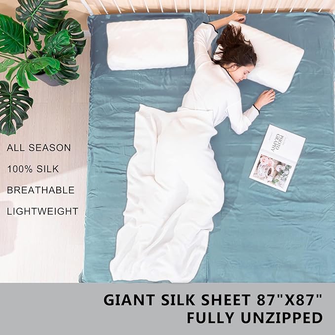 100% Silk Sleep Sack with All Around Zippers, 87”x43” Large Sleeping Sheets for Hotels, Travel & Camping, Multifunctional Travel Sheets (Unzipped:87”x87”) for Adults, Lightweight, All Season