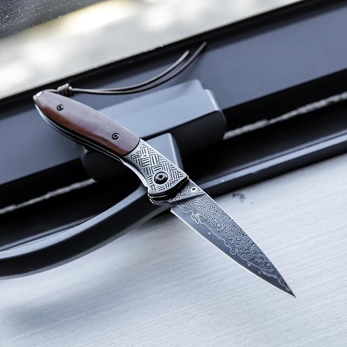 Handmade Damascus Steel Folding Pocket Knife with Leather Sheath,3.15in Blade Bone Handle Thumb Stud Opener Knives for Men EDC, Piscis Austrinus-02B