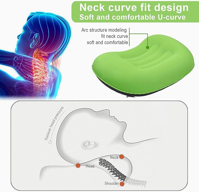 Portable Inflatable Neck Pillow for Outdoor Travel, Camping, Office Naps-Polyester ，Color Available-Simple and Comfortable (16.5 * 12.6 * 4.3in, Green)