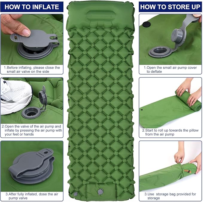 PATIKIL Backpacking Air Mattress Self-Inflating Sleeping Mats for Camping 76x24'' Waterproof Ultralight with Pillow Built-in Foot Pump for Hiking Tent Traveling, Green