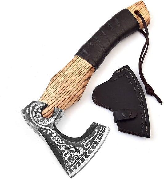 H&A CRAFTS® Viking Axe The Ragnar Lothbrok Real, and Custom Crafted with Leather Sheath Carbon Steel Camping Hatchet Personalized Gifts for Men (Runes Black Viking Axe)