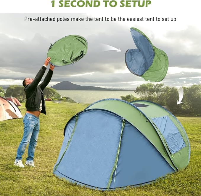 Pop Up Tent, HIKERBRO 4 Person Instant Tent with Skylight, Waterproof Instant Pop Up Tent with Rainfly, Easy Setup Camping Tents, 2 Doors & Windows, 4 Men Automatic Family Tent for Hiking, Traveling