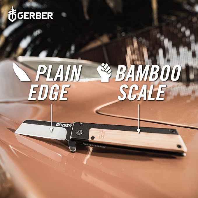 Gerber Gear Quadrant Clip Folding Knife with Plain Edge Blade - Straight Edge Flipper Knife with Pocket Clip and Bamboo Handle - EDC Gear and Equipment - Stainless Steel