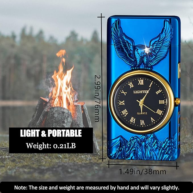 Cool Lighter with Clock Dial Electric Lighter with LED Power Display Plasma Lighter Windproof USB Rechargeable Lighter Gifts for Men Women (Eagle-Blue)
