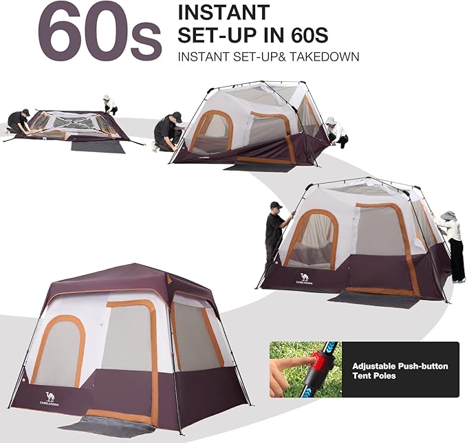 CAMEL CROWN Cabin Tent with 1-Minute Setup, 4/6 Person Instant Tent with Weatherproof Floor