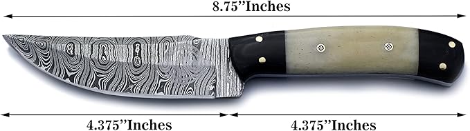 Handmade Damascus Steel Knife Bowie for Edc,Hunting,Survival,Camping,Bushcraft and Fishing-Fixed Blade with Drop point Blade Full Tang Bone Handle with Cowhide-Leather Sheath - WKD-774