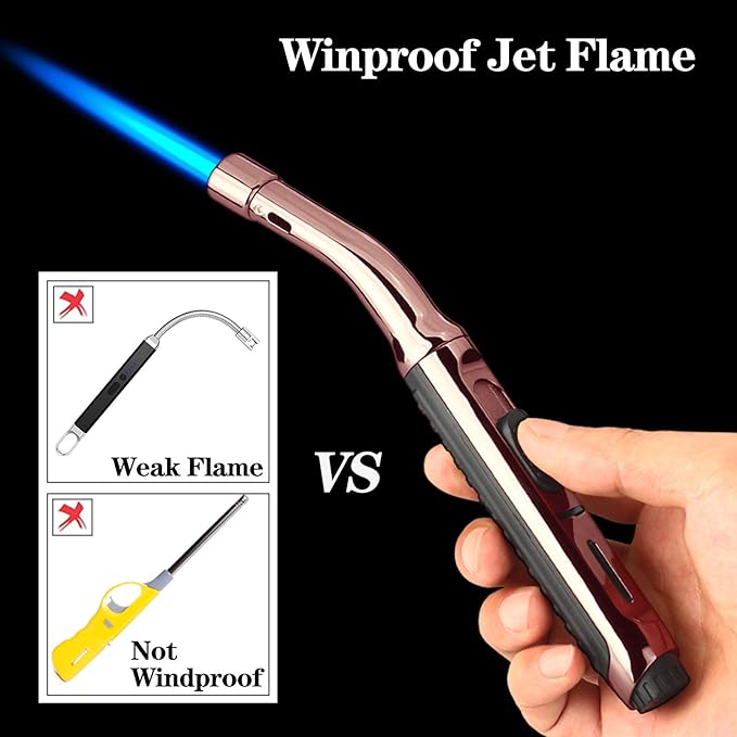 Yeuligo Torch Lighters, 7.6in Long Butane Lighter with Visible Window, Adjustable and Refillable Lighter for Kitchen Fireplace Camping Candle Grill BBQ Fireworks. Black (Gas Not Included)