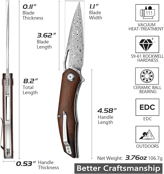 Handmade Pocket Knife,3.62'' 110 Layers Damascus Steel Blade,Front Flipper Wood Handle with Clip,Folding EDC for Men Outdoor Hunting Camping Hiking,Taurus-01i