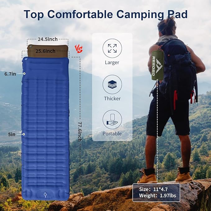 Sleeping Pad,5" Ultra-Thick Self Inflating Sleeping pad for Camping, with Pillow Built-in Foot Pump Camping Mattress for Backpacking, Car Camping, Hiking, Tent(Blue)