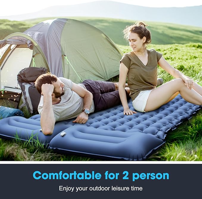 Outerman Double Camping Sleeping Pad, Self Inflating Sleeping Mat 2 Person with Pillow, Built-in Foot Pump for Camping, Hiking, Traveling Tent (Blue)