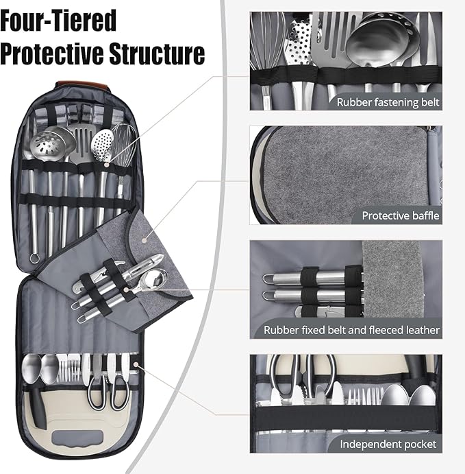 Extremus 27 Pcs Camp Kitchen Cooking Utensil Set Cookware Kit - Travel Organizer Grill Accessories Portable Compact Gear for Backpacking BBQ, Dark Gray Camo