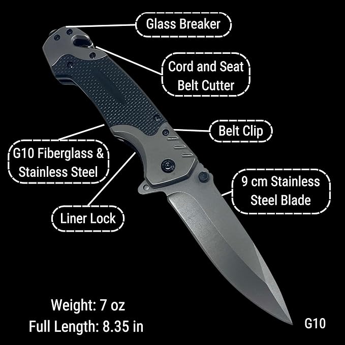 G10 Pocket Knife | 9 cm Stainless Steel Blade | Steel and G10 Handle | Outdoor, Tactical, Folding Knife | With Glass Breaker and Cord Cutter