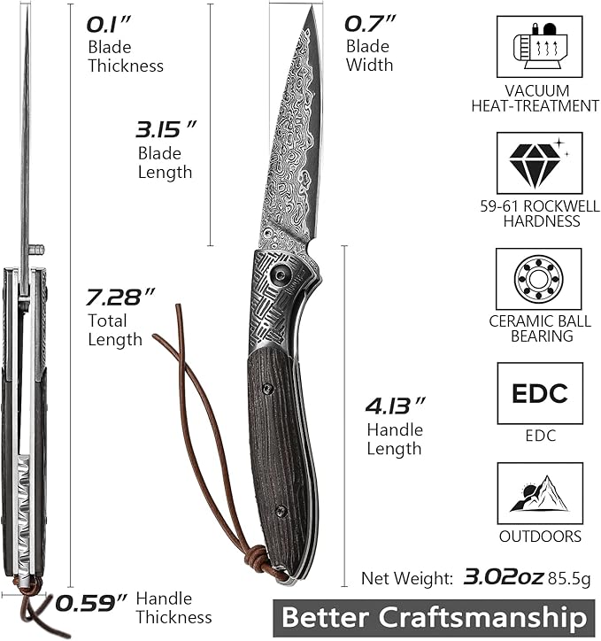 Handmade Damascus Steel Folding Pocket Knife with Leather Sheath,Ebony Wood Handle Thumb Stud Knives for Men EDC Hunting Camping EDC,Piscis Austrinus-01E