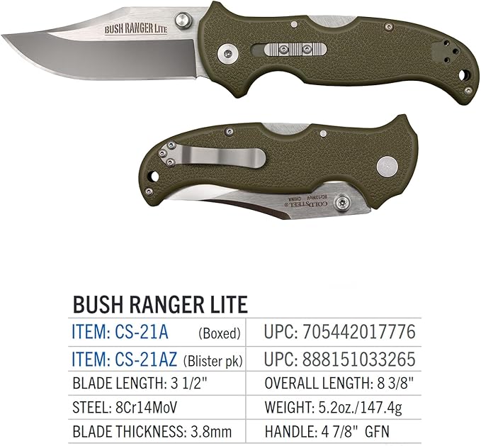 Cold Steel Bush Ranger Lite 3.5" 8Cr13MoV Razor-Sharp Blade 4.875" GFN Easy-To-Grip Handle Everyday Carry Hunting Folding Knife w/Rocker Lock