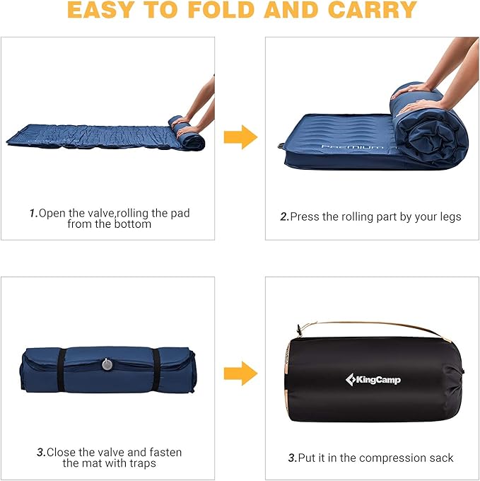 KingCamp Premium 3D Self-Inflating Camping Sleeping Pad Mattress Comfortable 3 “Thick Portable Lightweight Double Single R-Value 6.1 Warm for Winter Camping Indoor Outdoors Single-Navy