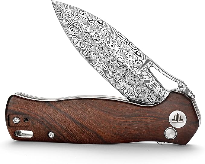 Knives - Crateris-01 | 3.38" Damascus Pocket knife for Men with Clip，Folding Knife Button Lock & Flipper,Ironwood Scales for EDC Camping Tool（ Polished Blade）