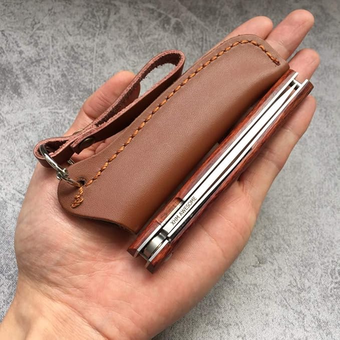 Folding Knife Small Portable Flipper, Ball Bearing, Liner Lock, Wooden Handle, Leather Sheath, for Outdoor, EDC, Collection, Gifts (Tanto Blade)