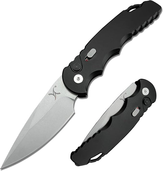 HUAAO 7.5” Assisted Opening Push Button Folding Pocket Knife, 2.8” D2 Blade Aluminum Alloy Handles with Pocket Clip and Lanyard Loop for EDC