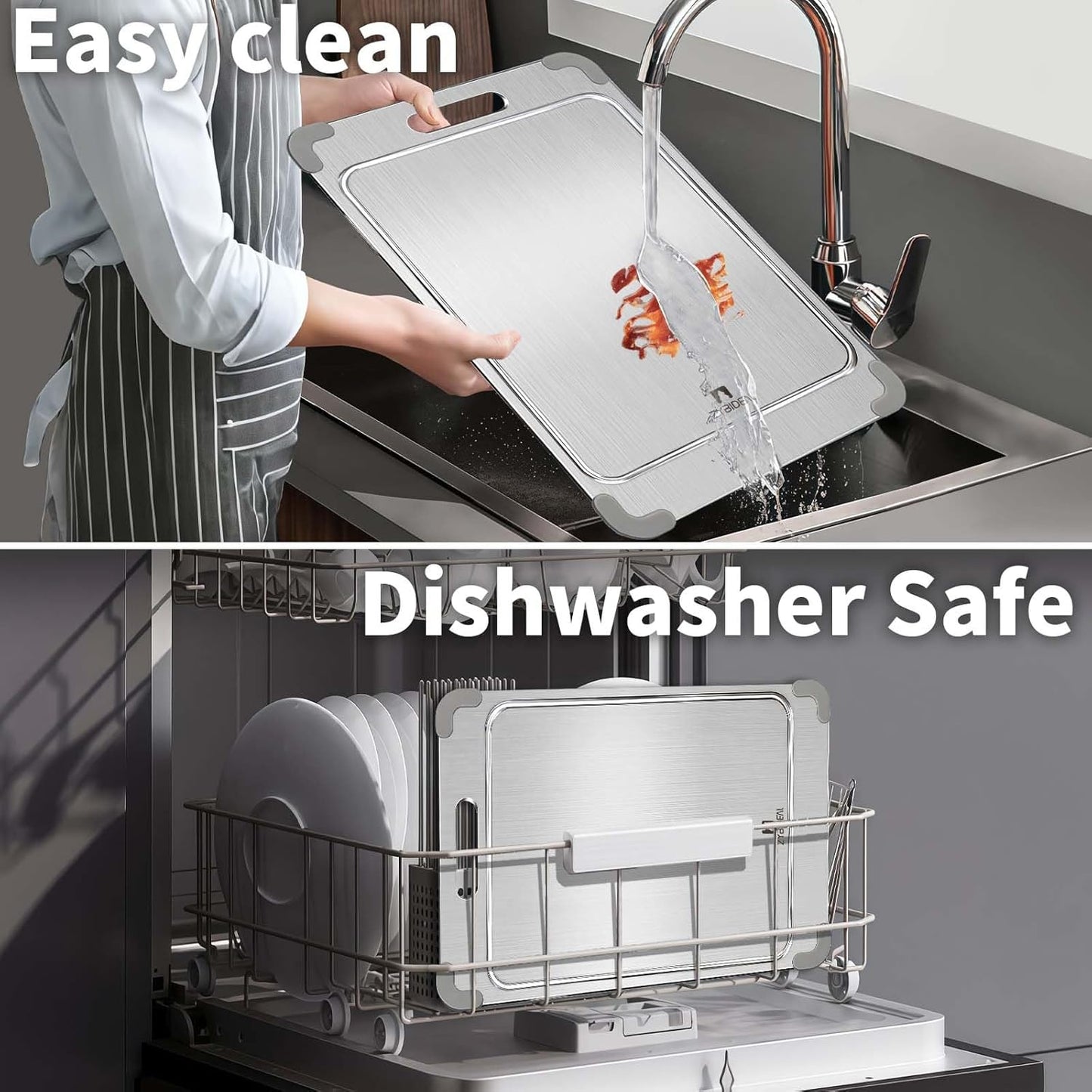 100% Pure Titanium Cutting Board with Grooves, Update Double Side Titanium Chopping Board, Silicone Anti-slip Stainless Cutting Boards for Kitchen 11 * 15 IN, Grey