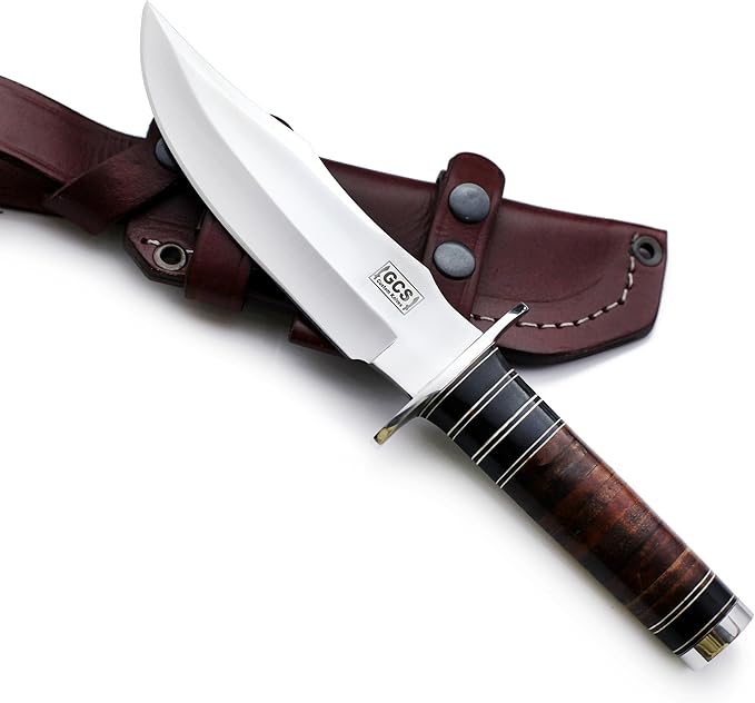 GCS Custom Handmade Stacked Leather Handle Bowie Survival Tactical Gear Hunting Knife D2 Tool Steel Buffalo Hide Sheath GCS145