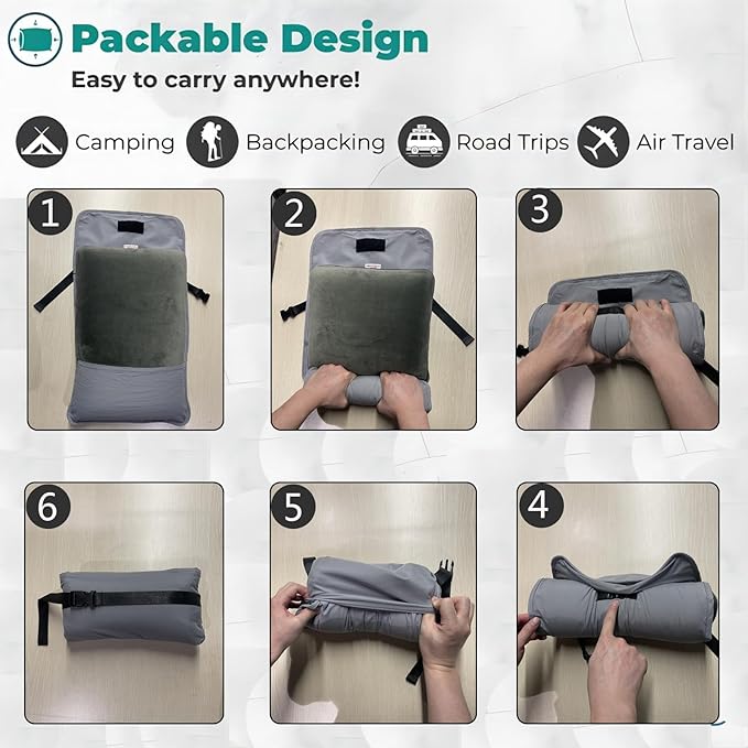 Compressible Camping Pillow, Memory Foam Pillow for Backpacking, Travel -Neck Lumbar Support, Lightweight Compact Pillow with Washable Pillowcase- Hiking Essential -Gray