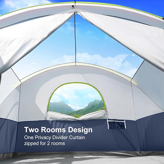 UNP Camping Tent 8/9 Person, Family Camping Tent, 5 Large Ventilation Mesh Windows, 14'x14'x78 inches Tall with Dividers Curtain for 2 Room