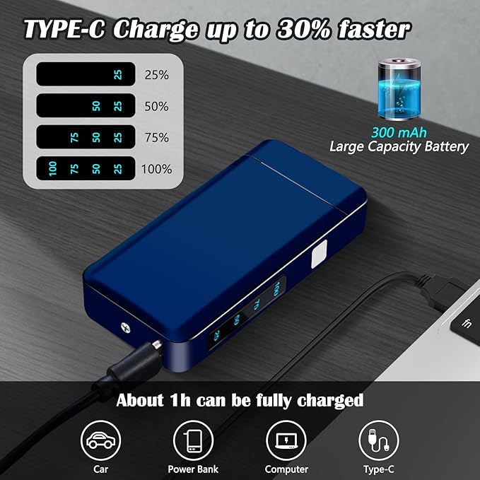 SKRFIRE Electric Lighter USB Type-C Rechargeable Plasma Arc Lighter, Windproof Torch Lighter High Power Flame Candle Lighter with LED Battery Indication for Camping, Hiking, Traveling (Blue)