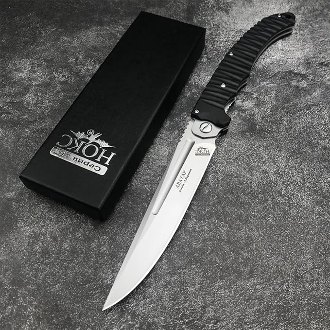 HUAAO 12 INCH Russian Avatar Folding Knife for Men,D2 Blade Black G10 Handles Tactical Survival Gear Saber Knives,Safety Liner Lock,Flipper Assisted Outdoor Camping Tool (White blade)